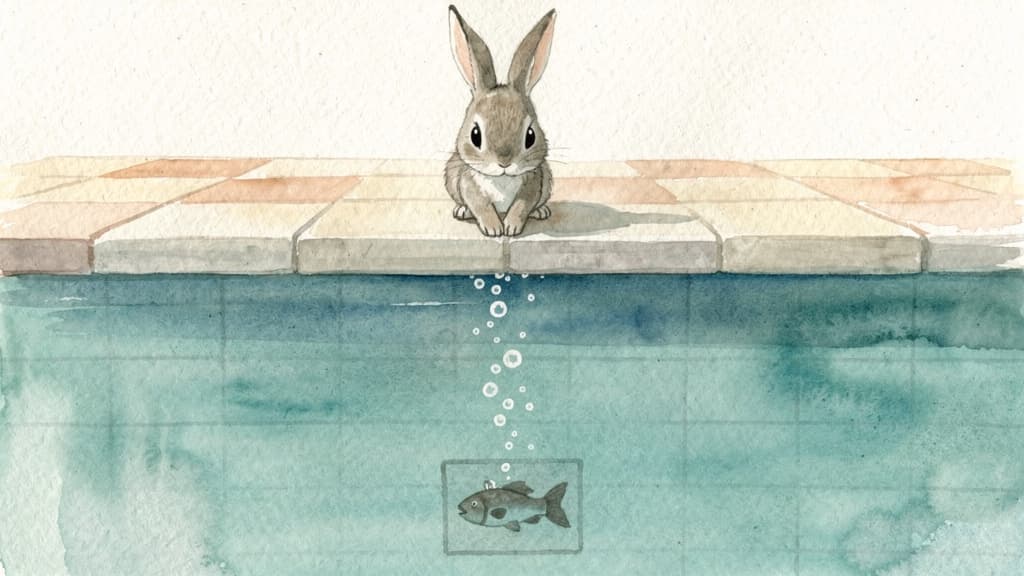 Bramble the rabbit watches bubbles rise over the fish tile in the pool
