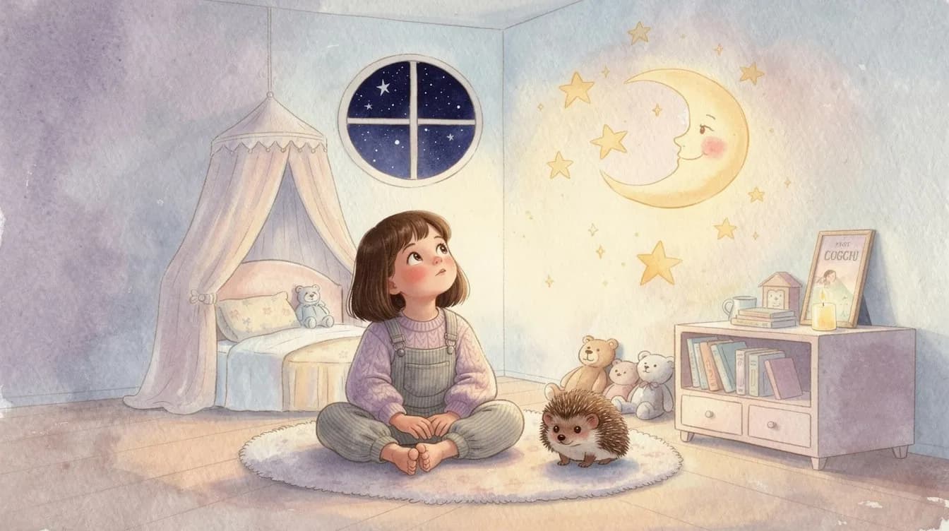 A child sitting with a hedgehog companion in a softly lit bedroom